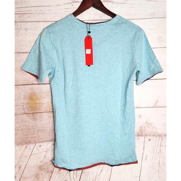 Vassari Los Angeles V-Neck Loose Cut Trim Aqua Designer Shirt - Rare Thread - Picture 3 of 15